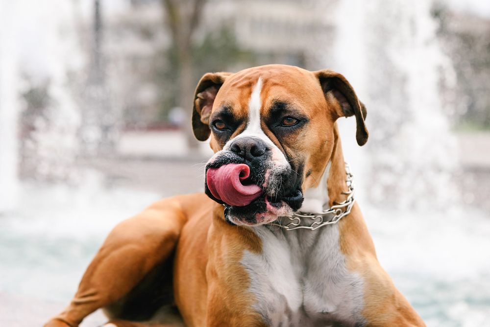 akita con bavaglino rosso si lecca i baffi