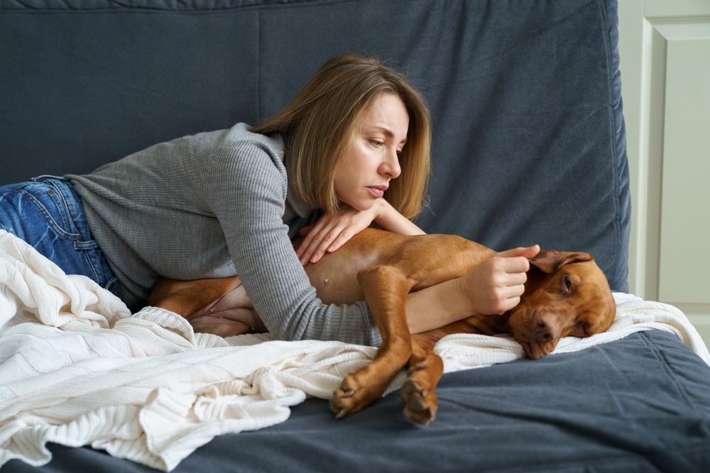 padrona cura il suo cane sdraiata sul divano